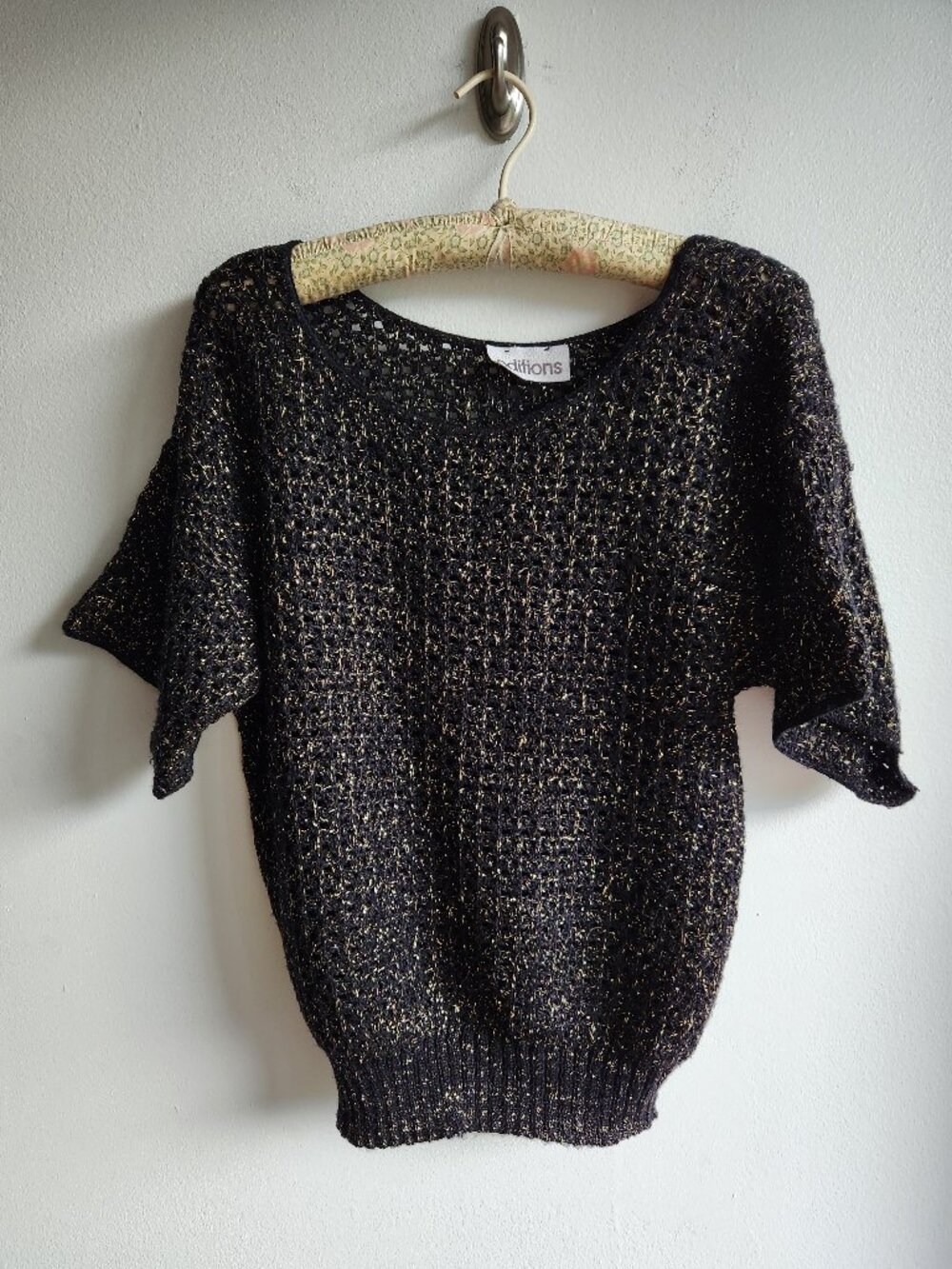 Vintage 80s Crochet Knit Cropped Summer Sweater Black Metallic Gold Thread - L